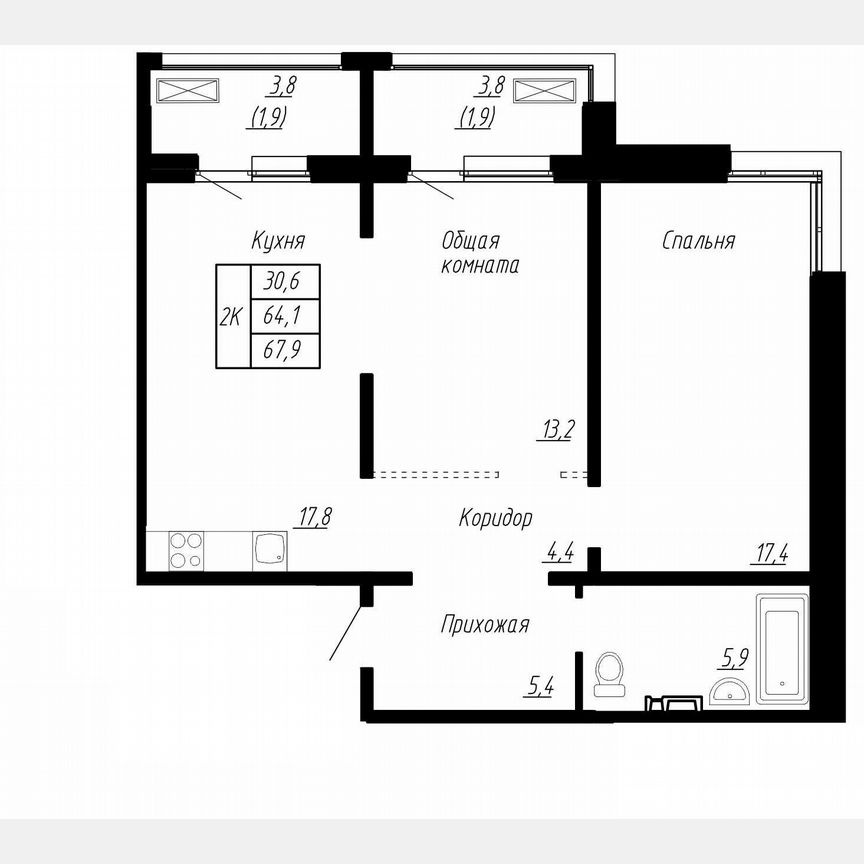 2-к. квартира, 67,9 м², 2/17 эт.