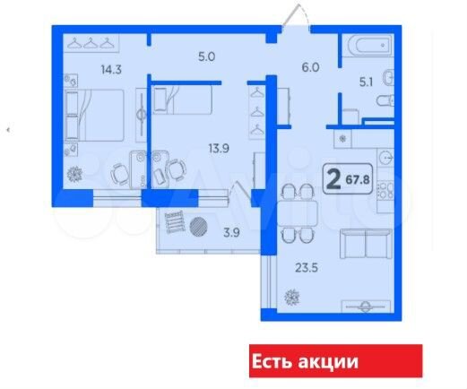 2-к. квартира, 67,8 м², 10/14 эт.