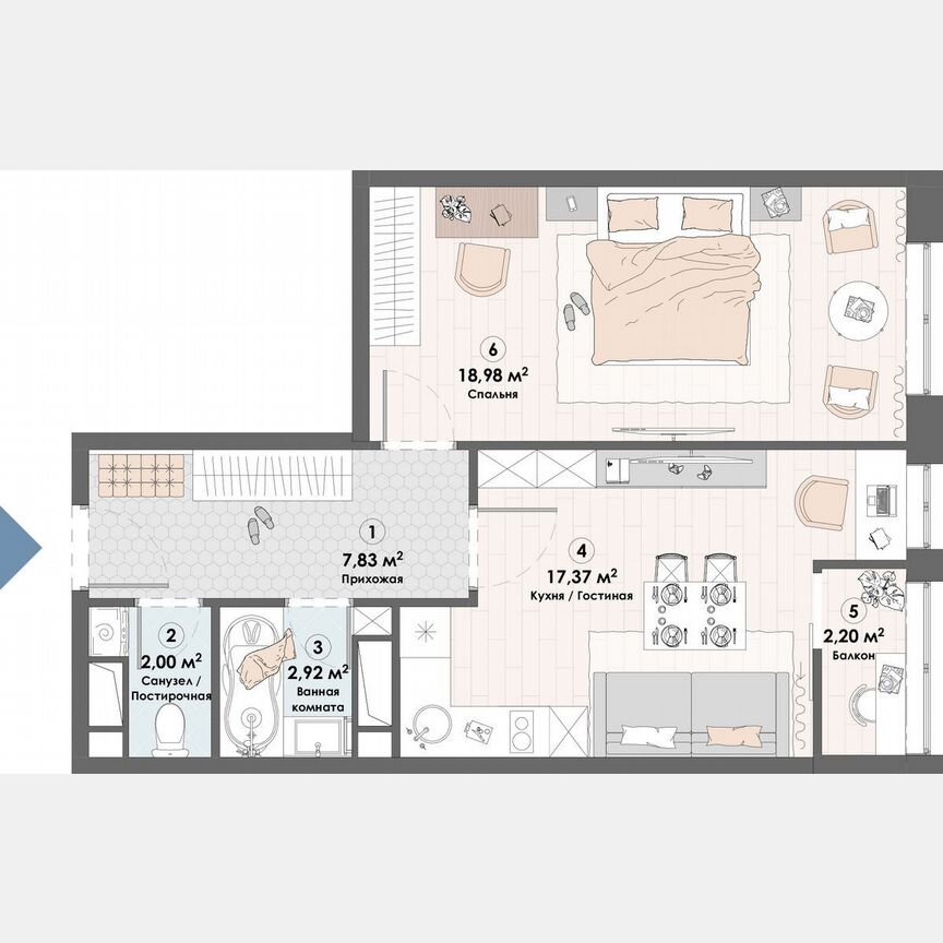 1-к. квартира, 51,3 м², 17/23 эт.