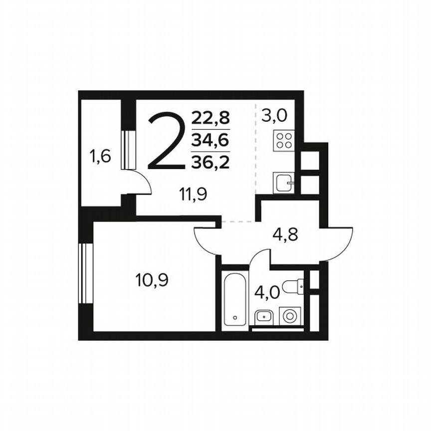 2-к. квартира, 36,2 м², 11/12 эт.