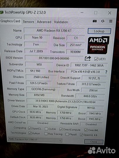 RX 5700xt 8Gb Msi Evoke OC Gold Edition