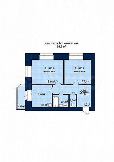 2-к. квартира, 56,6 м², 2/10 эт.
