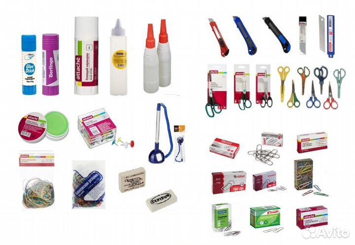 Скрепки, клей, ножницы, ручки