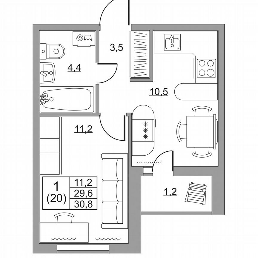 1-к. квартира, 30,8 м², 1/8 эт.