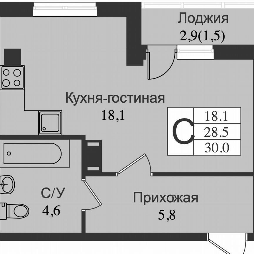 Квартира-студия, 31,5 м², 4/15 эт.