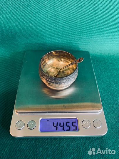 Советские серебряные солонка и ложечка с эмалью