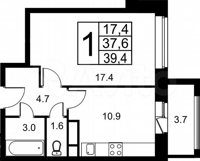 1-к. квартира, 38,3 м², 4/9 эт.
