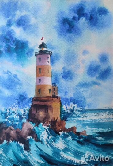 Картина акварелью море маяк морской пейзаж