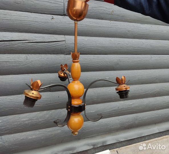 Люстра, светильник. Винтаж.Финляндия. Дерево, медь
