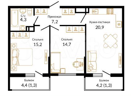 2-к. квартира, 65 м², 13/16 эт.