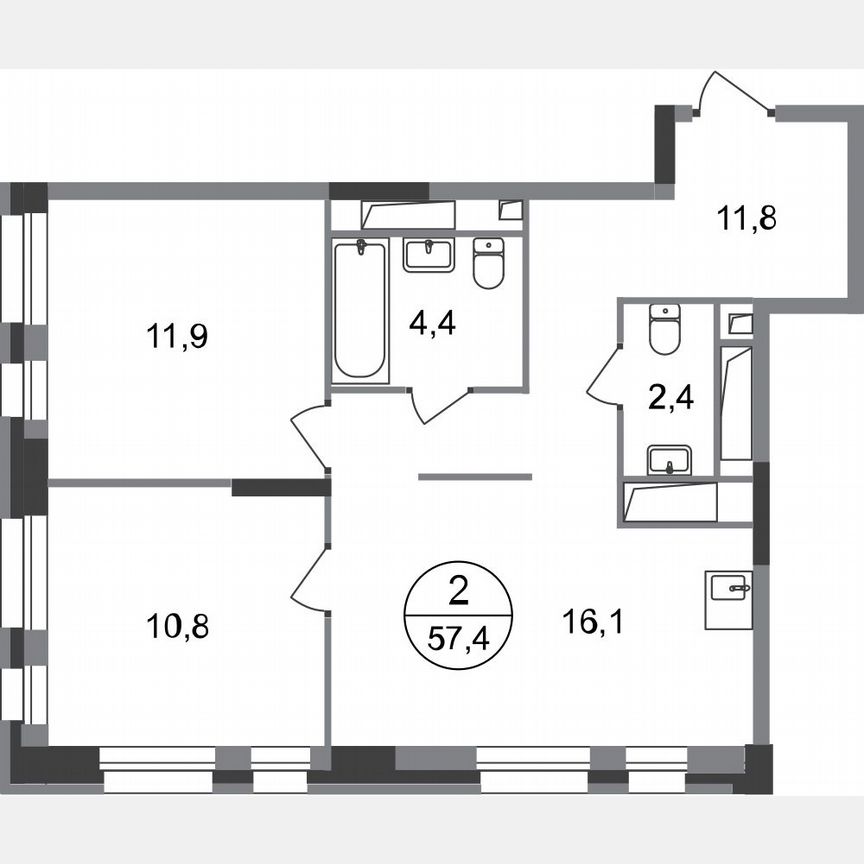 2-к. квартира, 57,4 м², 3/20 эт.