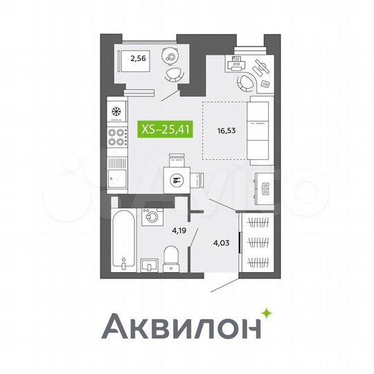 Квартира-студия, 25,4 м², 15/16 эт.