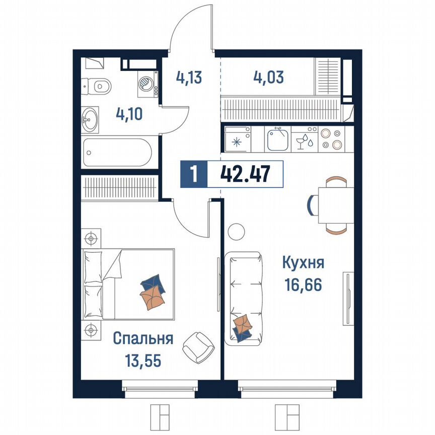 1-к. квартира, 42,5 м², 10/18 эт.