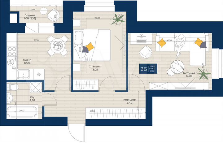 2-к. квартира, 51,7 м², 1/5 эт.