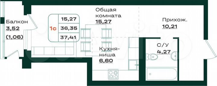 1-к. квартира, 37 м², 3/7 эт.