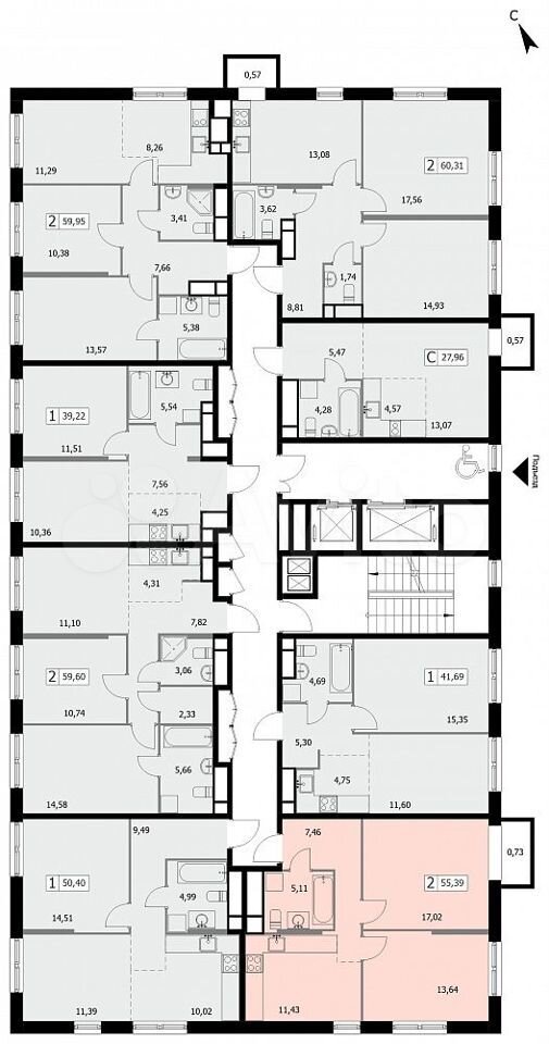 2-к. квартира, 55,4 м², 7/19 эт.