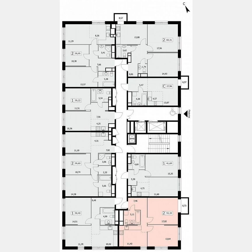 2-к. квартира, 55,4 м², 7/19 эт.