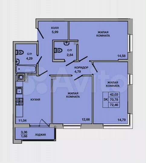3-к. квартира, 72,5 м², 8/8 эт.