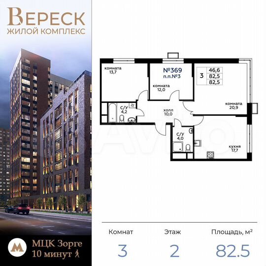 3-к. квартира, 82,4 м², 2/21 эт.