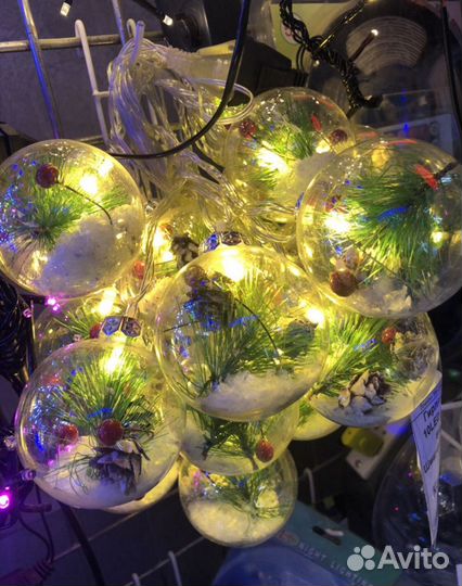 Гирлянда 10 шаров внутри шишка елка снег клюква
