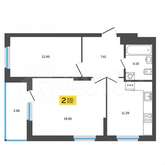 2-к. квартира, 57,4 м², 17/18 эт.