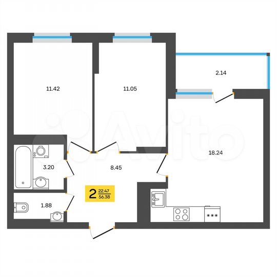 2-к. квартира, 56,4 м², 12/18 эт.