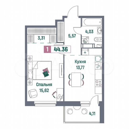 1-к. квартира, 44,4 м², 11/16 эт.