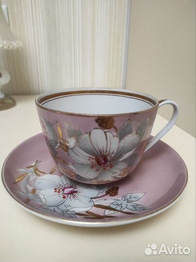 Чайная пара гигант Мальва Розовая фарфор бронь