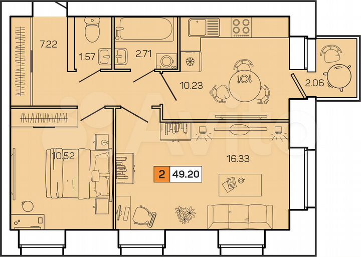 2-к. квартира, 49,2 м², 2/8 эт.
