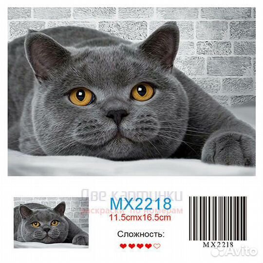 Алмазная мозаика 11x16 Большой серый кот на кроват