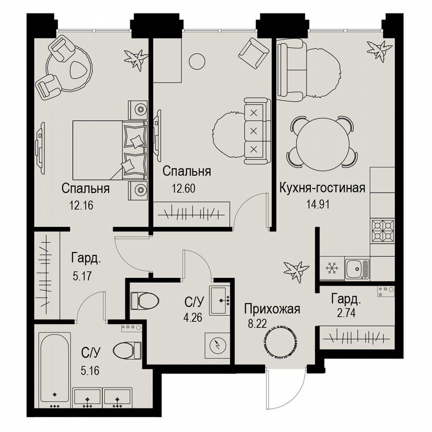 2-к. квартира, 65,2 м², 2/6 эт.