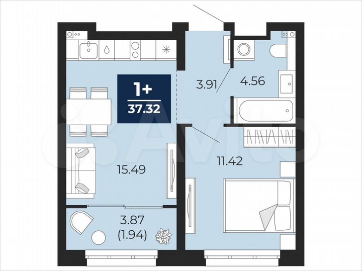 1-к. квартира, 37,3 м², 2/21 эт.