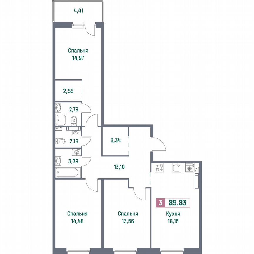 3-к. квартира, 89,8 м², 11/16 эт.