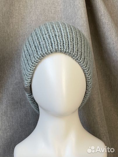 Шапка бини двойная вязаная серая. Ручная работа