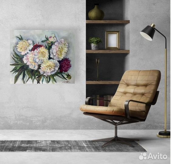 Картина маслом Белые пионы в интерьер 37х45