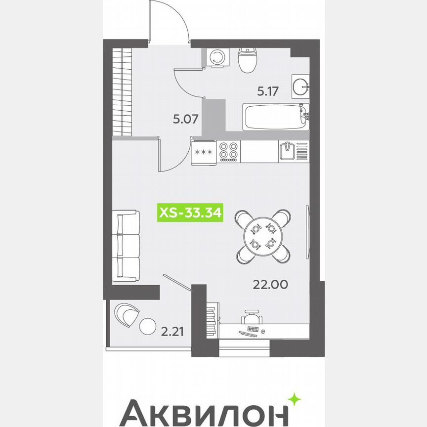 Квартира-студия, 33,6 м², 4/13 эт.