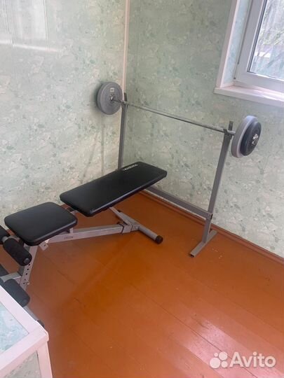 Скамья для жима и пресса, штанга с блинами