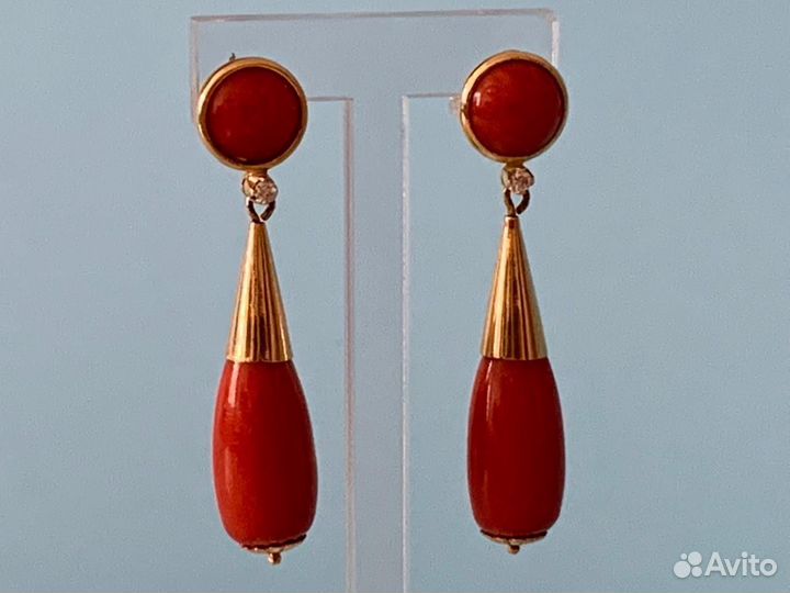 Золотые серьги с кораллом /кораллы Италия /золото