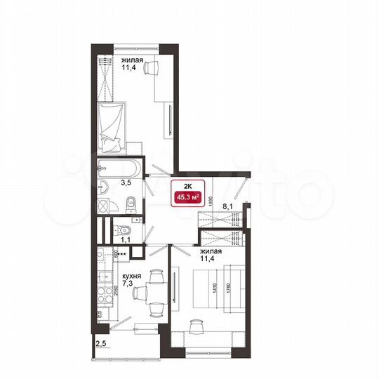 2-к. квартира, 45,3 м², 2/4 эт.