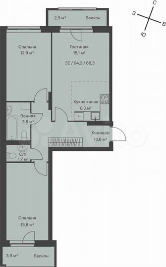 3-к. квартира, 66,3 м², 2/9 эт.