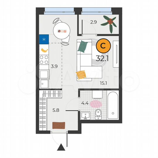 Квартира-студия, 32,1 м², 25/25 эт.