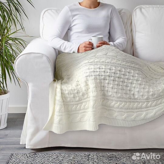 Плед, икеа, вязаный/белый с оттенком, новый