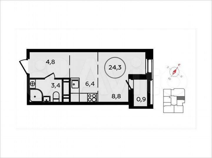 Квартира-студия, 24,3 м², 11/16 эт.