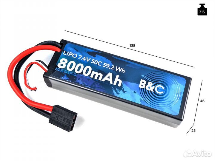 Аккумулятор LiPo B&C - 7.4v 2s 8000мАч 50C (TRX)