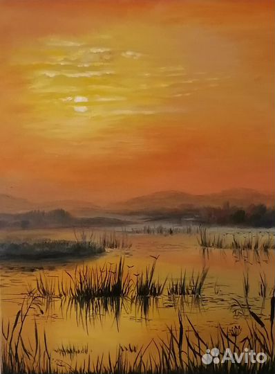 Картина маслом Оранжевый закат над озером