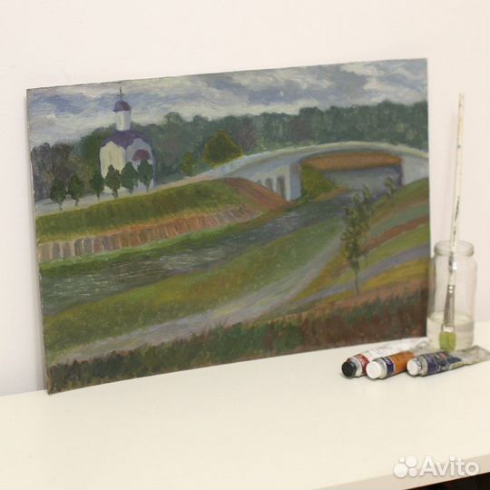 Картина маслом пейзаж с церковью этюд