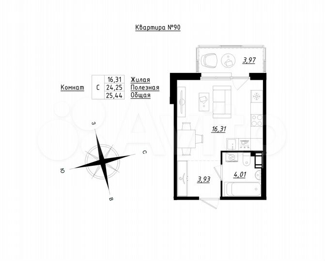 Квартира-студия, 25,4 м², 2/5 эт.