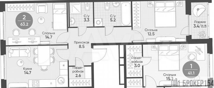 2-к. квартира, 63,2 м², 2/16 эт.