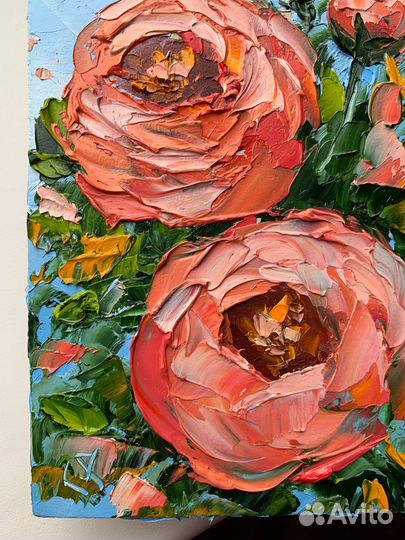 Картина маслом букет пионов цветочный пейзаж