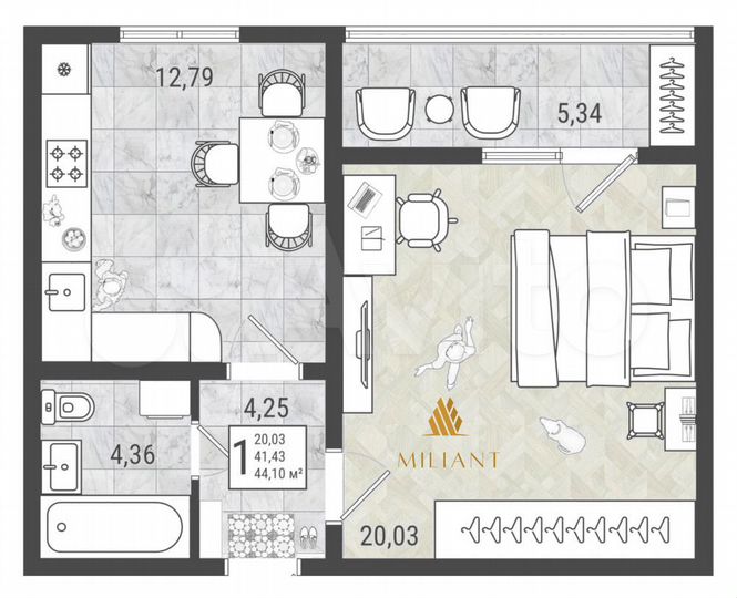 1-к. квартира, 44,1 м², 4/9 эт.